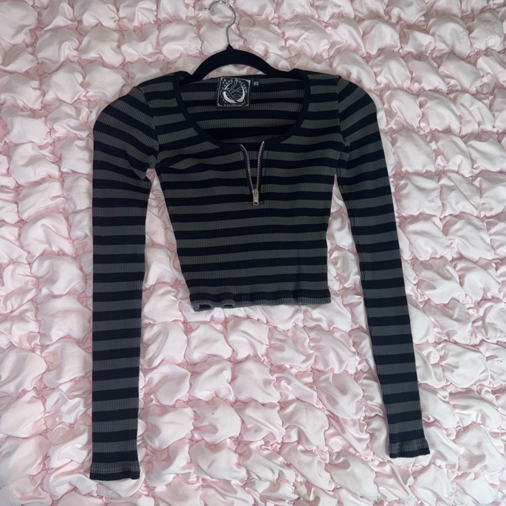 Killstar Black and Gray Striped Crop Top